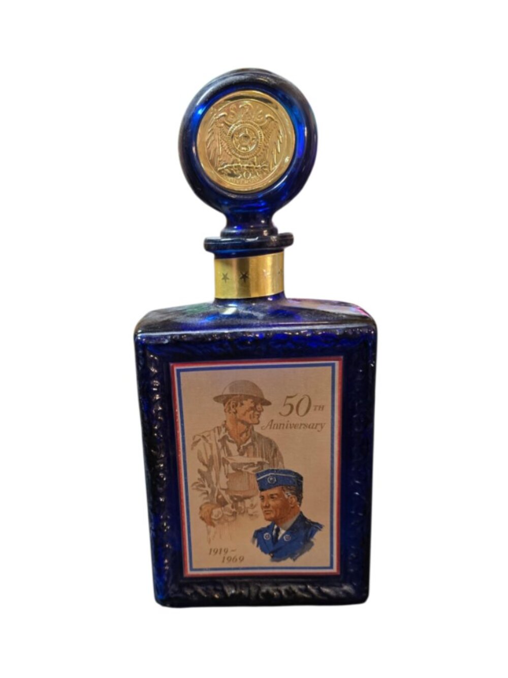 Vintage 1969 J.W. Dant American Legion 50th Anniversary Cobalt Decanter